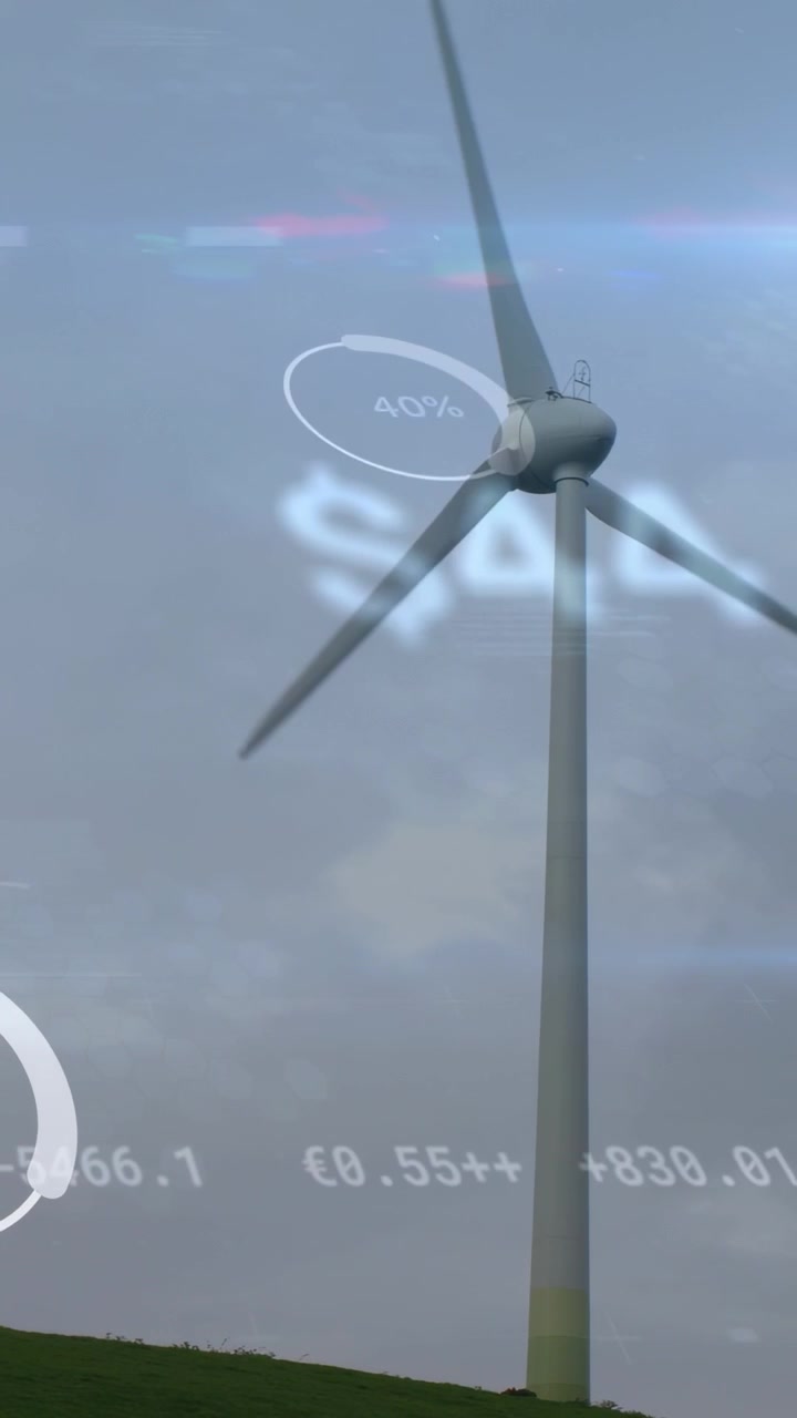 Vertical video: Camera tilting revealing wind turbine, overlays shifting and showing financial data