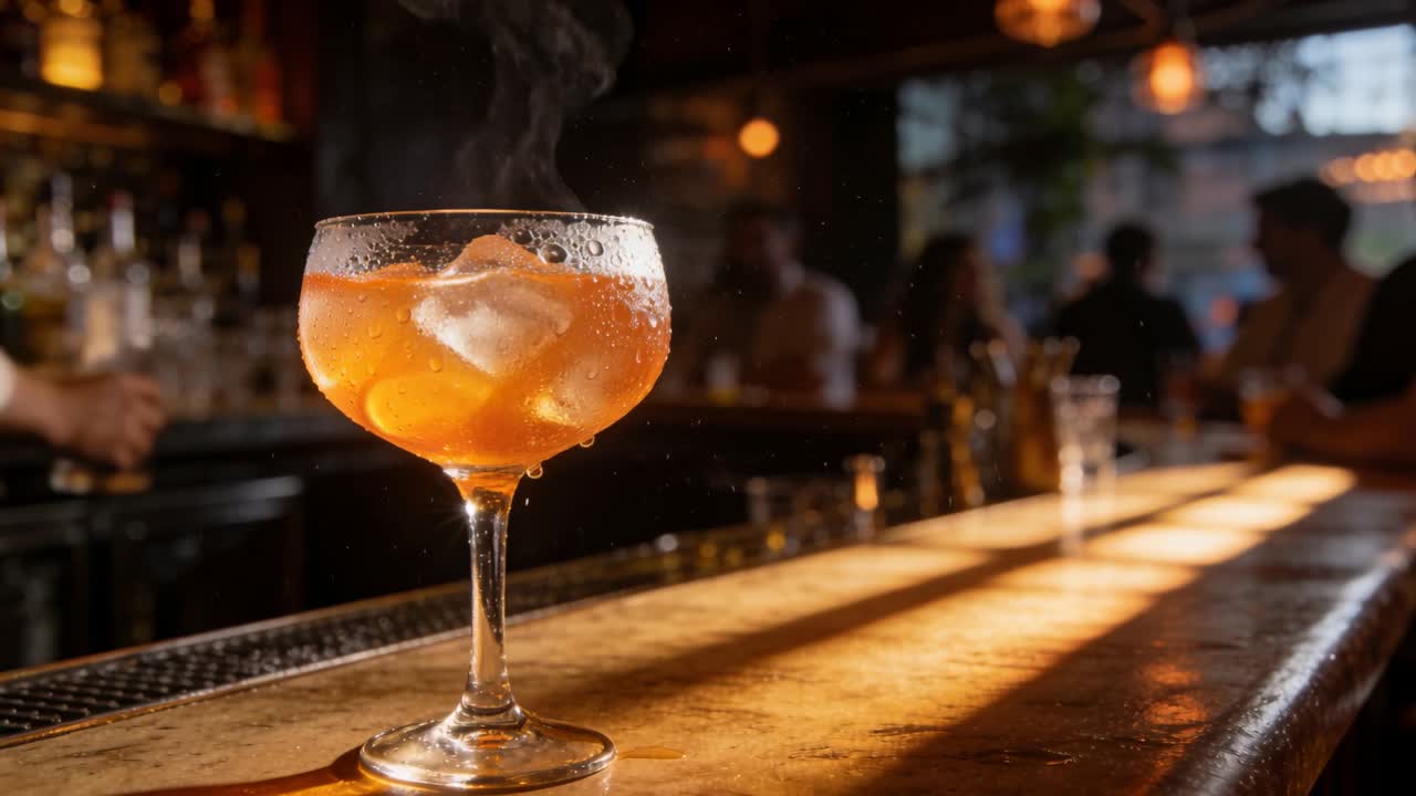 Video verticale: Luce calda fa appannare un bicchiere a coppa, goccioline cadono, il ghiaccio si sposta, evocando calore.