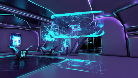 futuristic neon-lit lounge with abstract digital displays