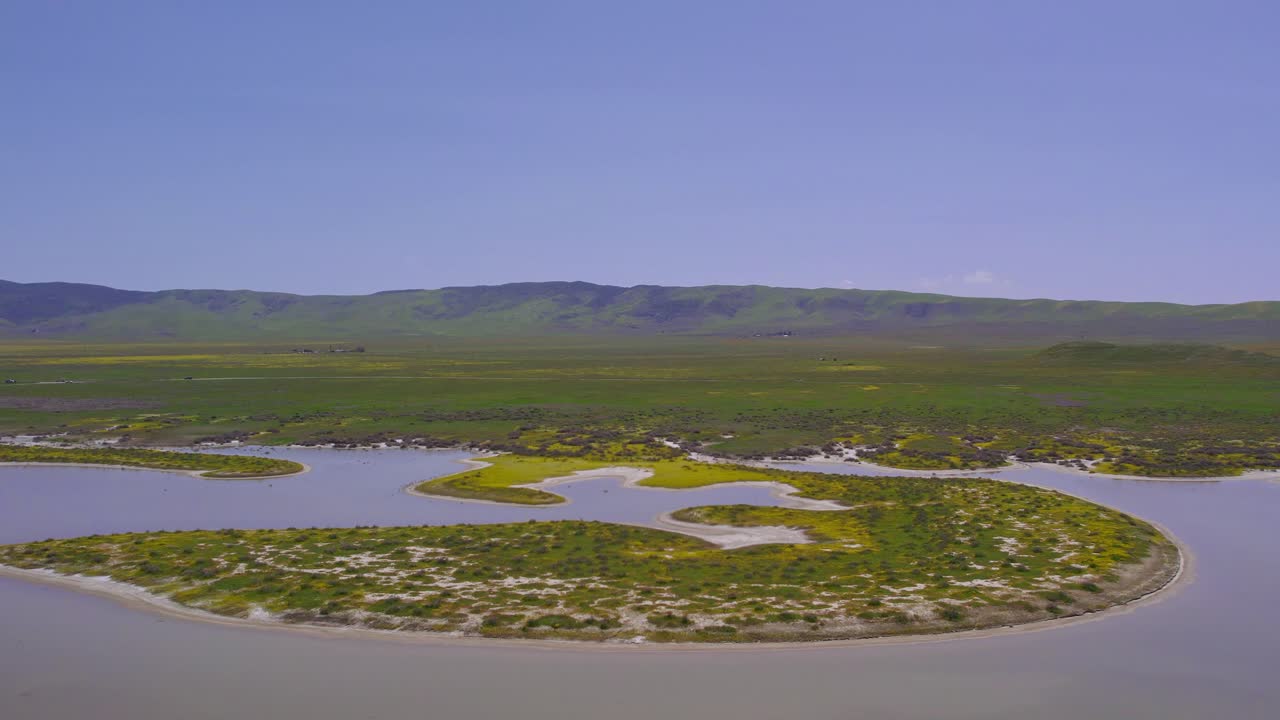 Aerial Bird's Eye View of Carrizo Plain in California During the Superbloom