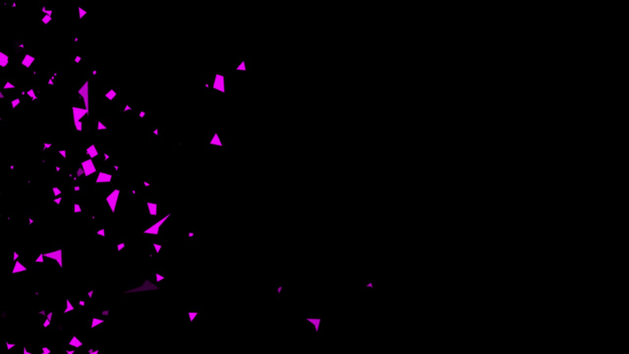 Abstract animation of purple and pink geometric shards or confetti exploding from left side on black background. For parties, events, or intros