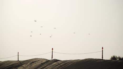 Military-helicopters-flying-over-desert-in-the-UAE-carrying-flags-beneath-them