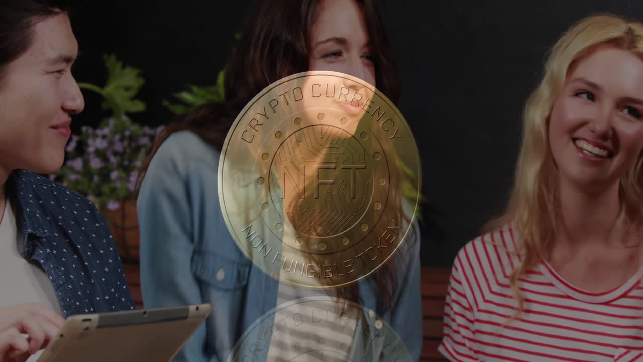 Three friends exploring blockchain finance on tablet in studio, showing golden NFT coin overlay
