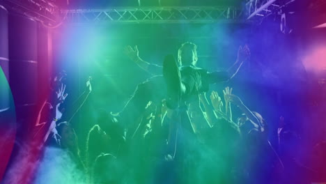 man crowd-surfing in music industry scene, with animated stage lights pulsing and smoke effects