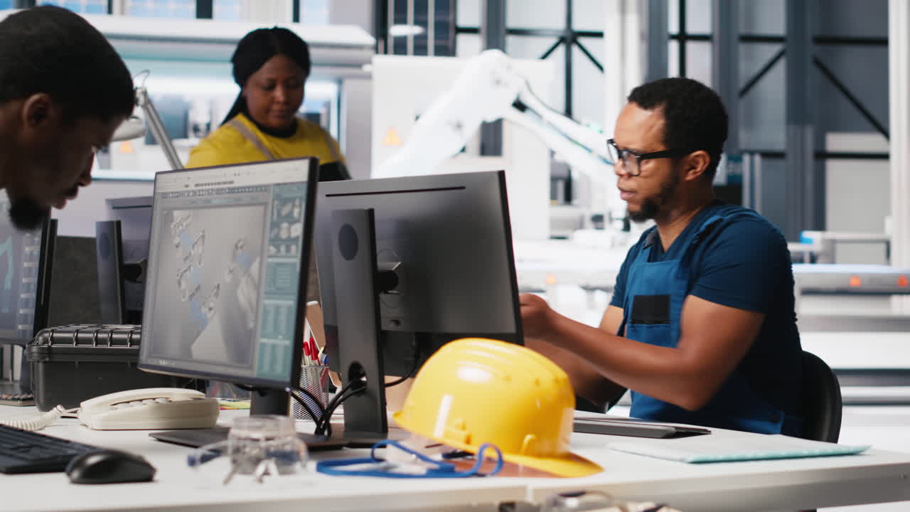 Vertical Video African american technician analyzes performance reports of solar cells on PC