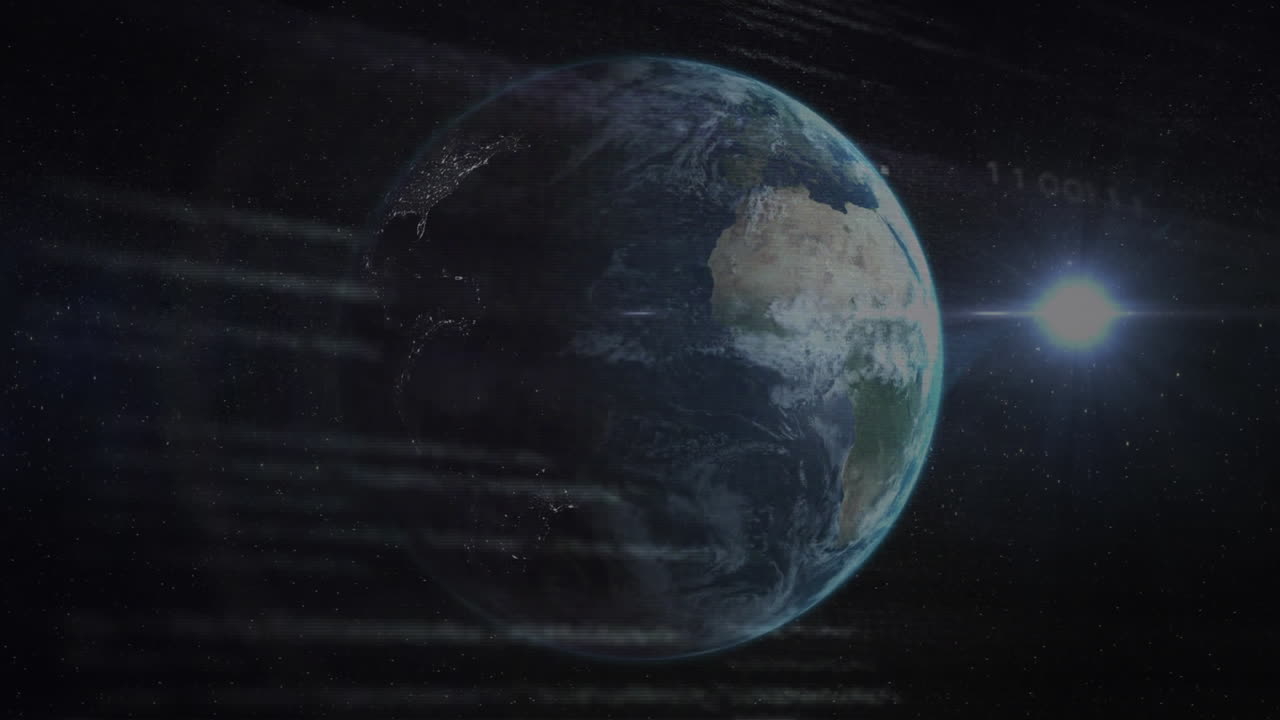 렌즈 플레어와 회전하는 글로브에 대한 컴퓨터 언어와 회로판 패턴의 애니메이션