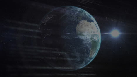 animation of computer language and circuit board pattern over lens flares and rotating globe