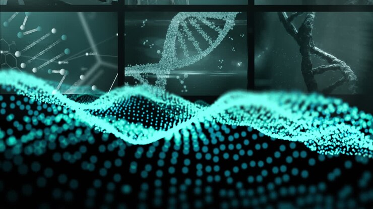 Animation of dna chain and green lines on black background