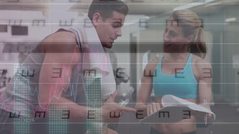 animación del procesamiento de datos financieros sobre un hombre y una mujer caucásicos en el gimnasio.