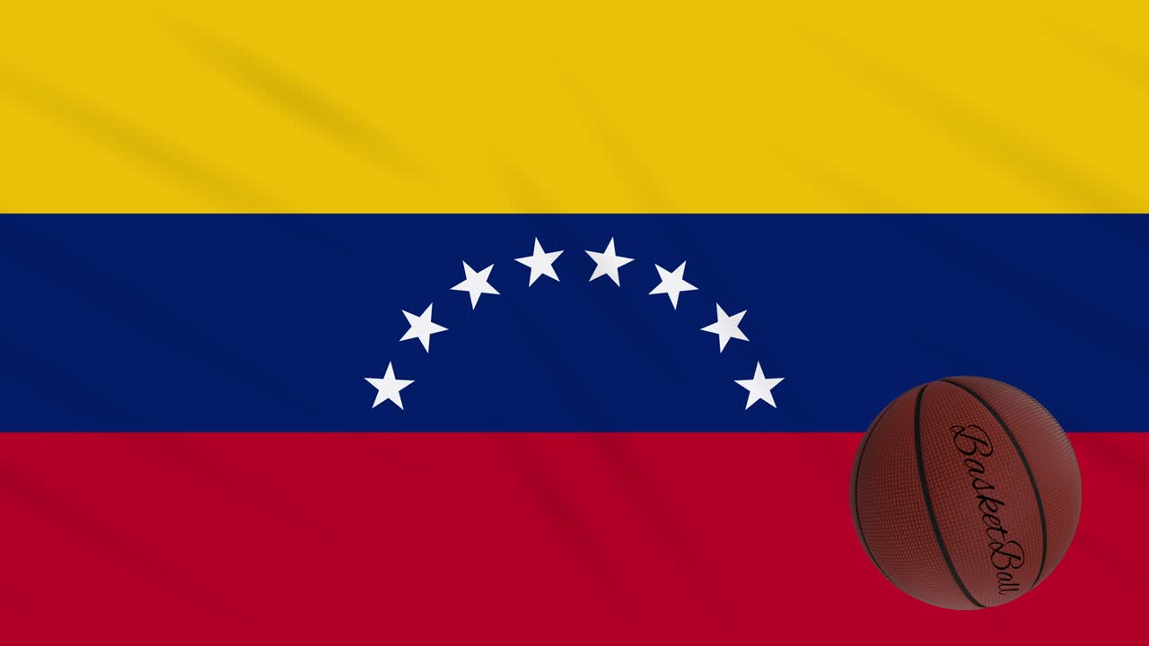 Bandeira da Venezuela tremula e bola de basquete gira, em loop