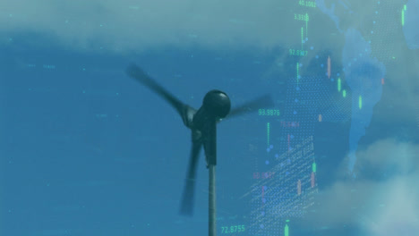 animación del procesamiento de datos y el mapa del mundo sobre la turbina eólica.