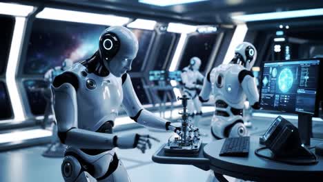 a futuristic scene in a space laboratory featuring advanced robots engaged in complex tasks, highlighting the integration of technology and automation for scientific exploration