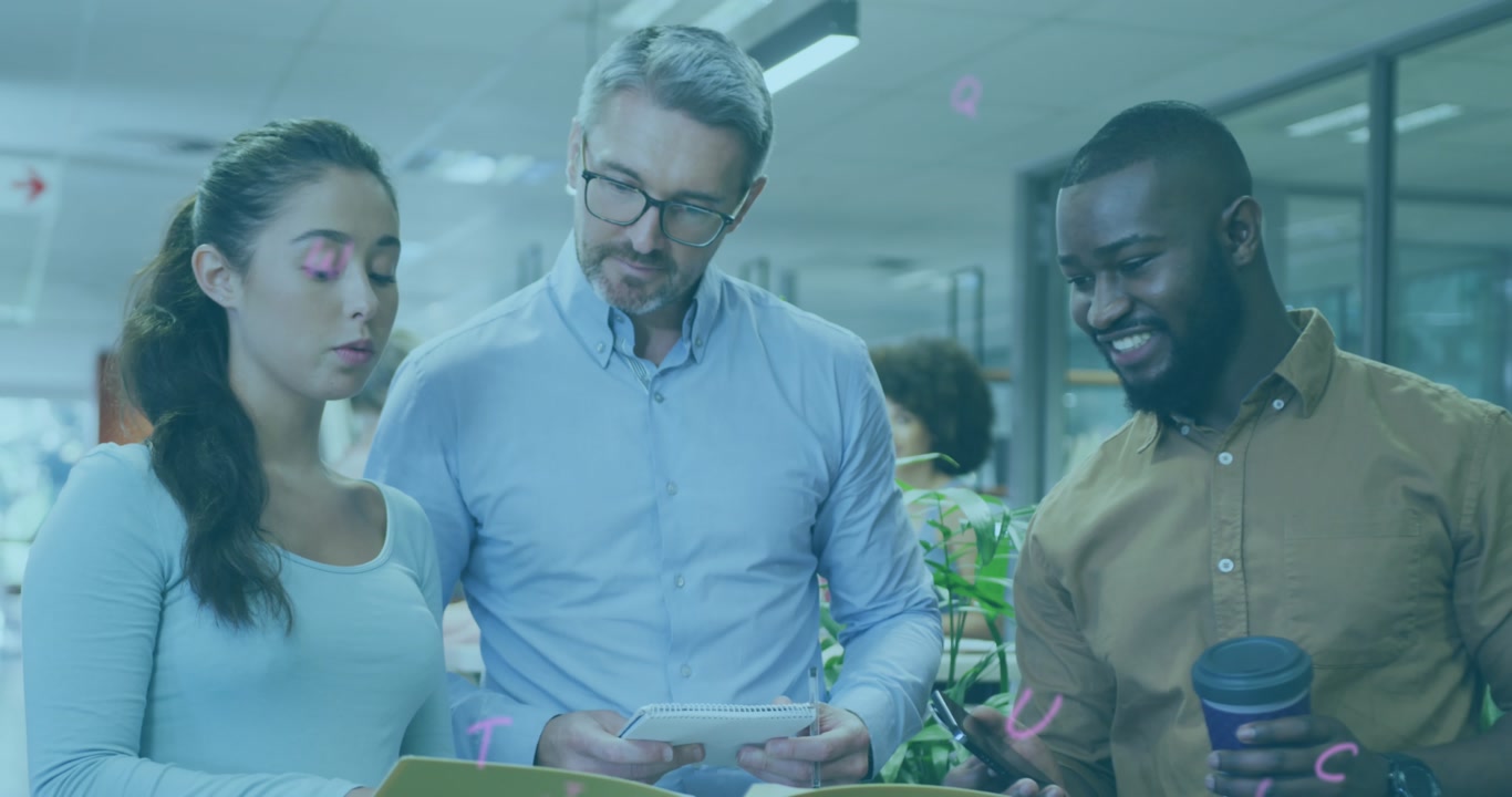 Animation of letters and data processing over business people in office