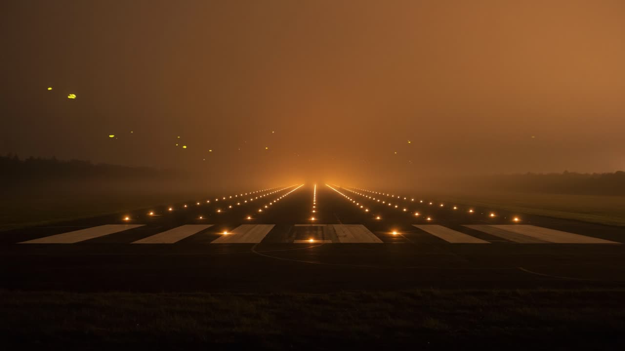 A Mysterious Fog Envelops the Airport Runway, Illuminated by Radiant Lights as the Airfield Awaits Incoming and Departing Aircraft in a Dreamlike Atmosphere