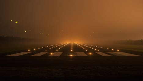 a mysterious fog envelops the airport runway, illuminated by radiant lights as the airfield awaits incoming and departing aircraft in a dreamlike atmosphere