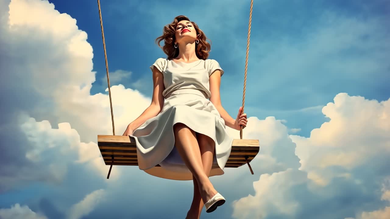 A dreamy video concept featuring a woman on a swing against a cloudy sky