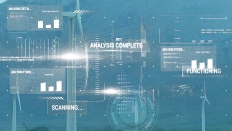 animation of ticking clock and interface with data processing over windmills against blue sky