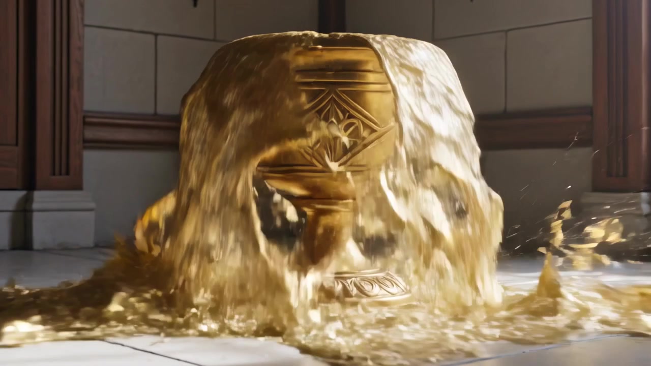 Liquido dorato che viene versato e cade su un calice ornato su un pavimento piastrellato, riempiendo e facendo traboccare una pozza.