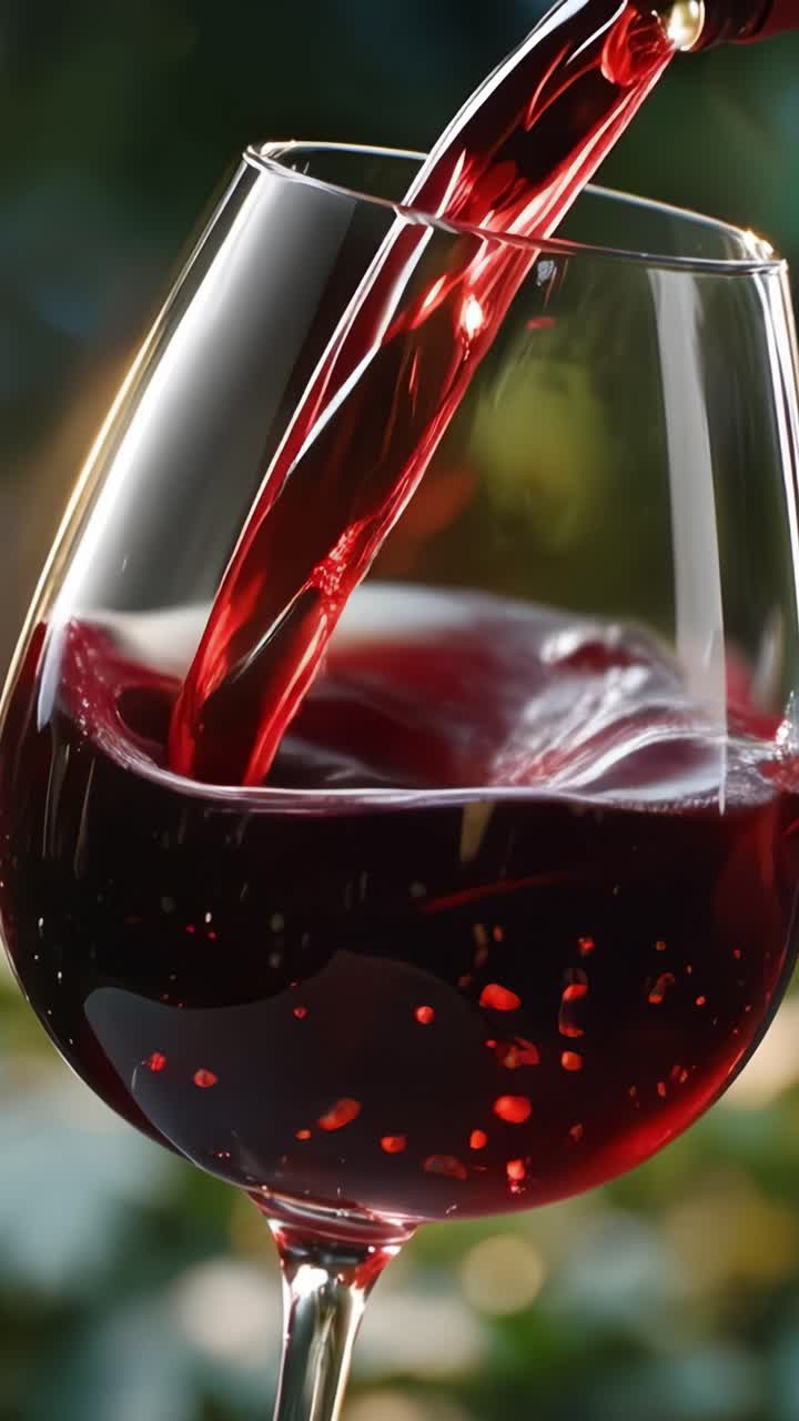 Versamento Affascinante: Uno Sguardo al Vino Rosso Che Scorre Fluidamente in un Bicchiere, Mettendo in Mostra Colore Ricco ed Eleganza in un Bellissimo Ambiente Esterno