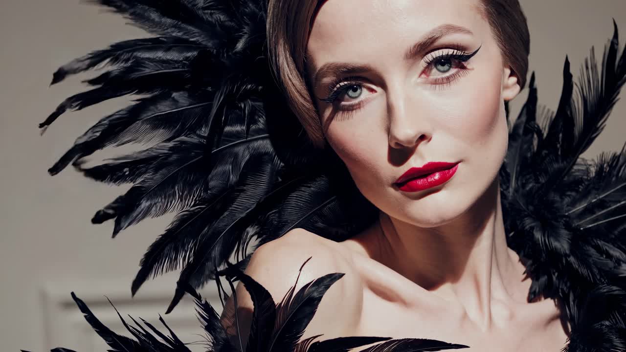 Elegant woman in black feathered attire