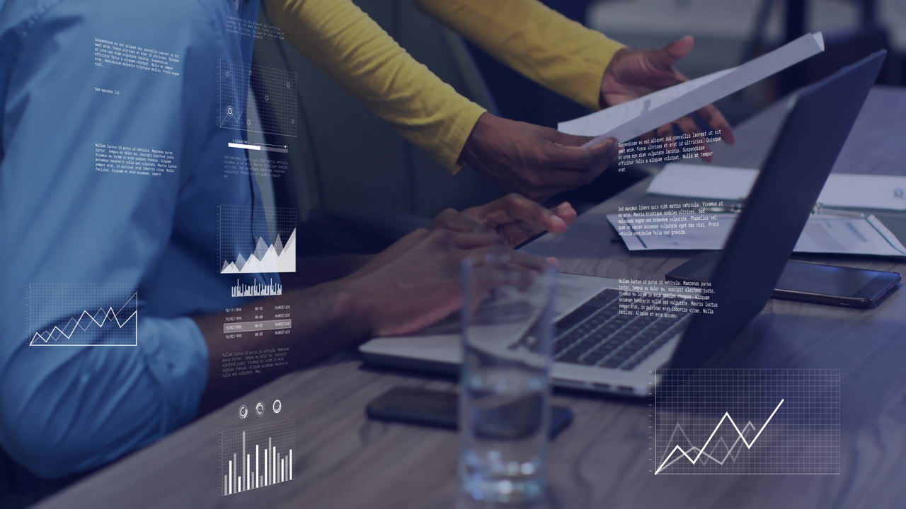 Animation of financial data processing over diverse business people in office