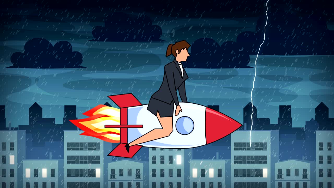 평평한 만화 사업가 캐릭터 로켓에 날아 스타트업 개념 애니메이션