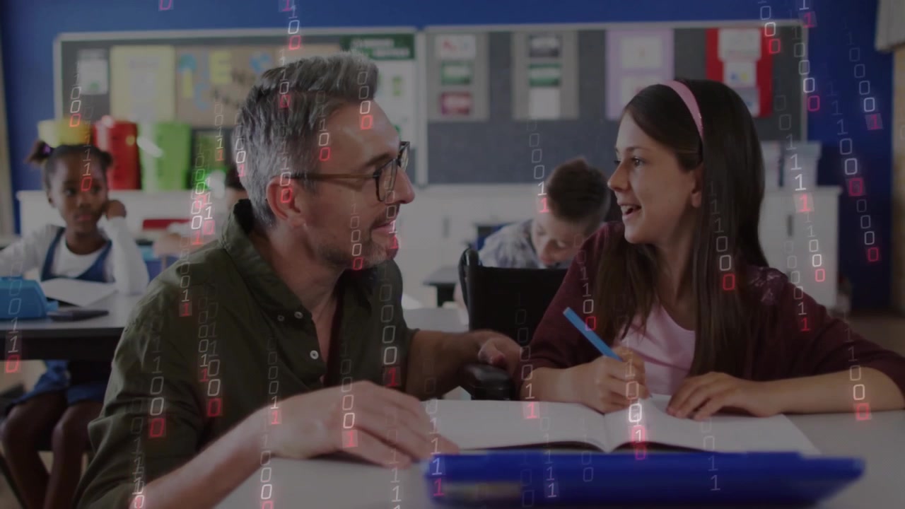 Teacher guiding writing after student question clarifying answer with animated question icon
