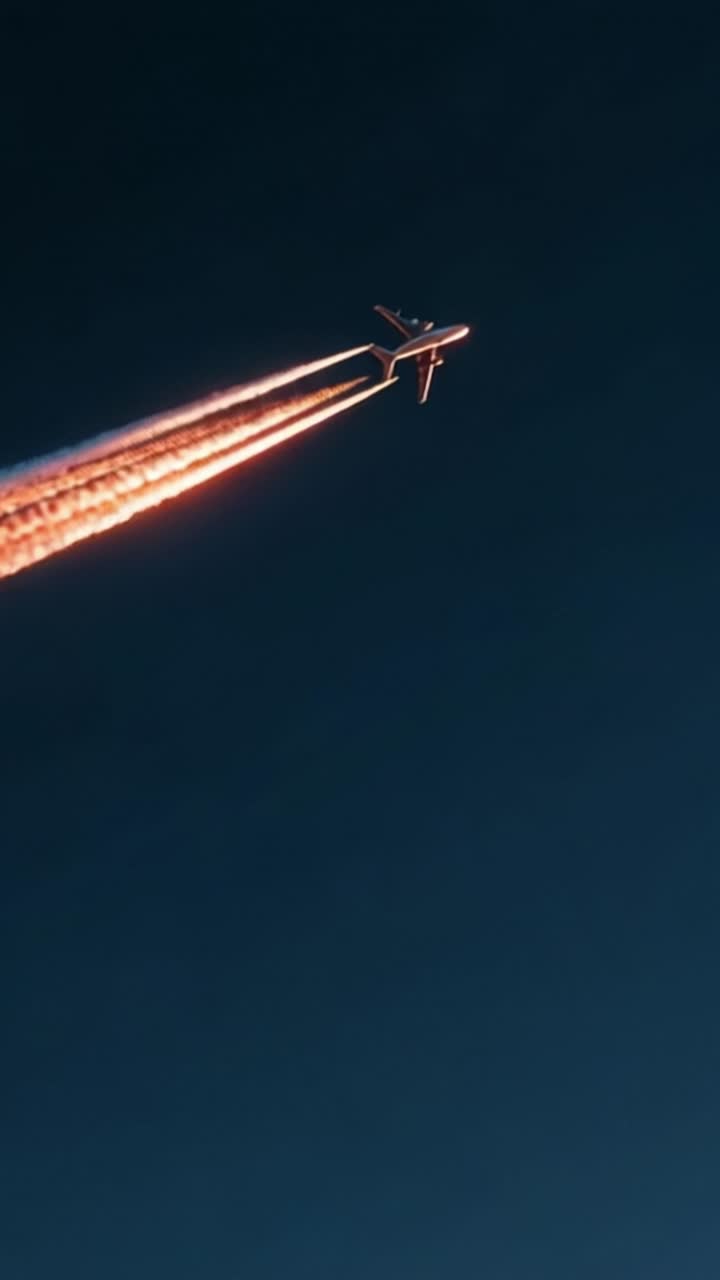 Un aereo ad alta quota che scivola con grazia attraverso un cielo azzurro limpido, lasciando dietro di sé vivaci scie di condensazione illuminate dalle calde tonalità del sole mentre si libra verso l'orizzonte.
