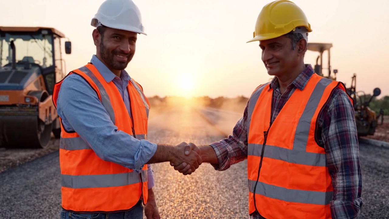 Two construction workers in bright safety vests share camaraderie on a road construction site as the sun sets, highlighting teamwork and dedication to their craft.