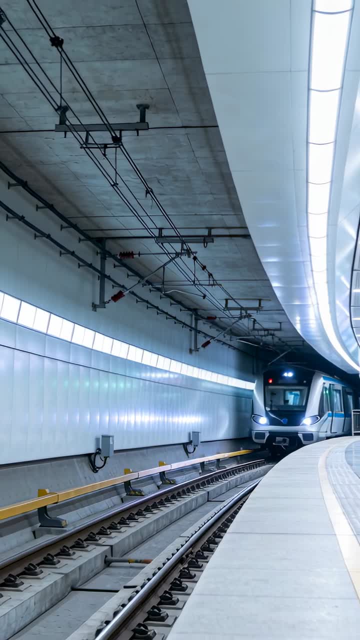 Video verticale: Luci che provengono da un tunnel, treno della metropolitana che si muove lungo la banchina per una corsa di servizio.