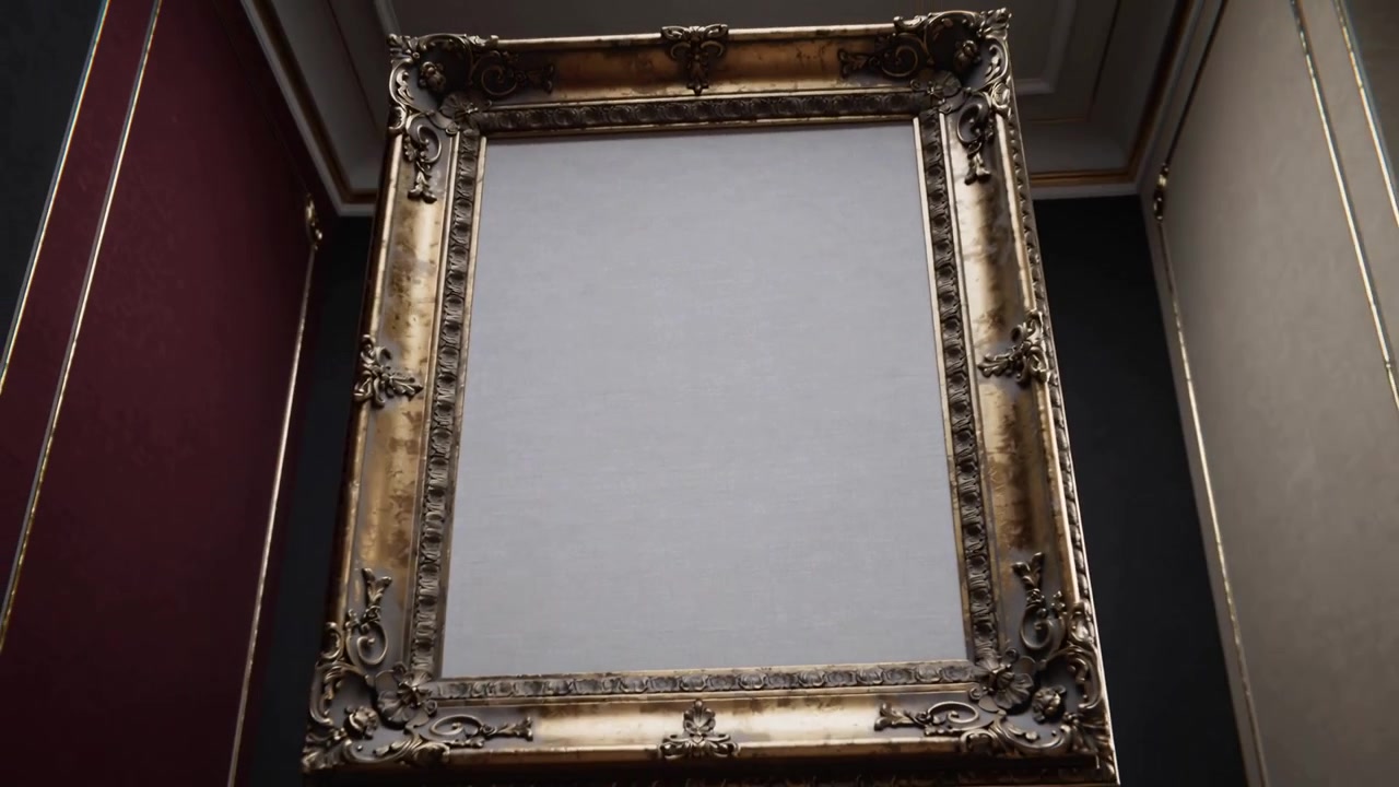 Otáčející se zlacený rám se posouvá dolů v galerii, zatímco kamera se oddaluje a odhaluje prázdné plátno.