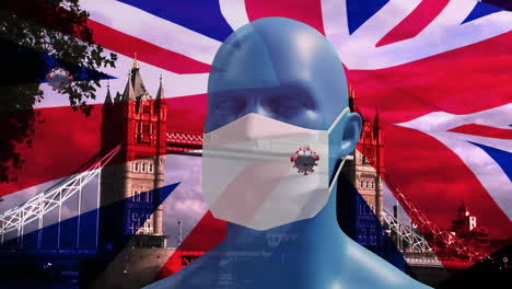 bandera británica ondeando sobre las células de covid-19 sobre la cabeza humana modelo con máscara facial contra el paisaje urbano
