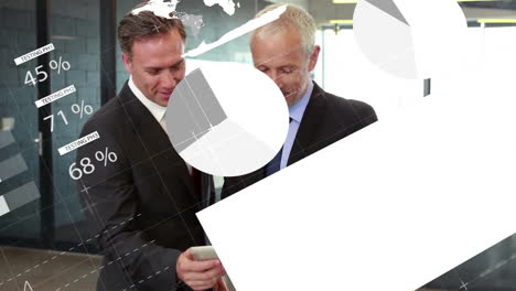 Animation of financial data processing over caucasian colleagues using tablet in office