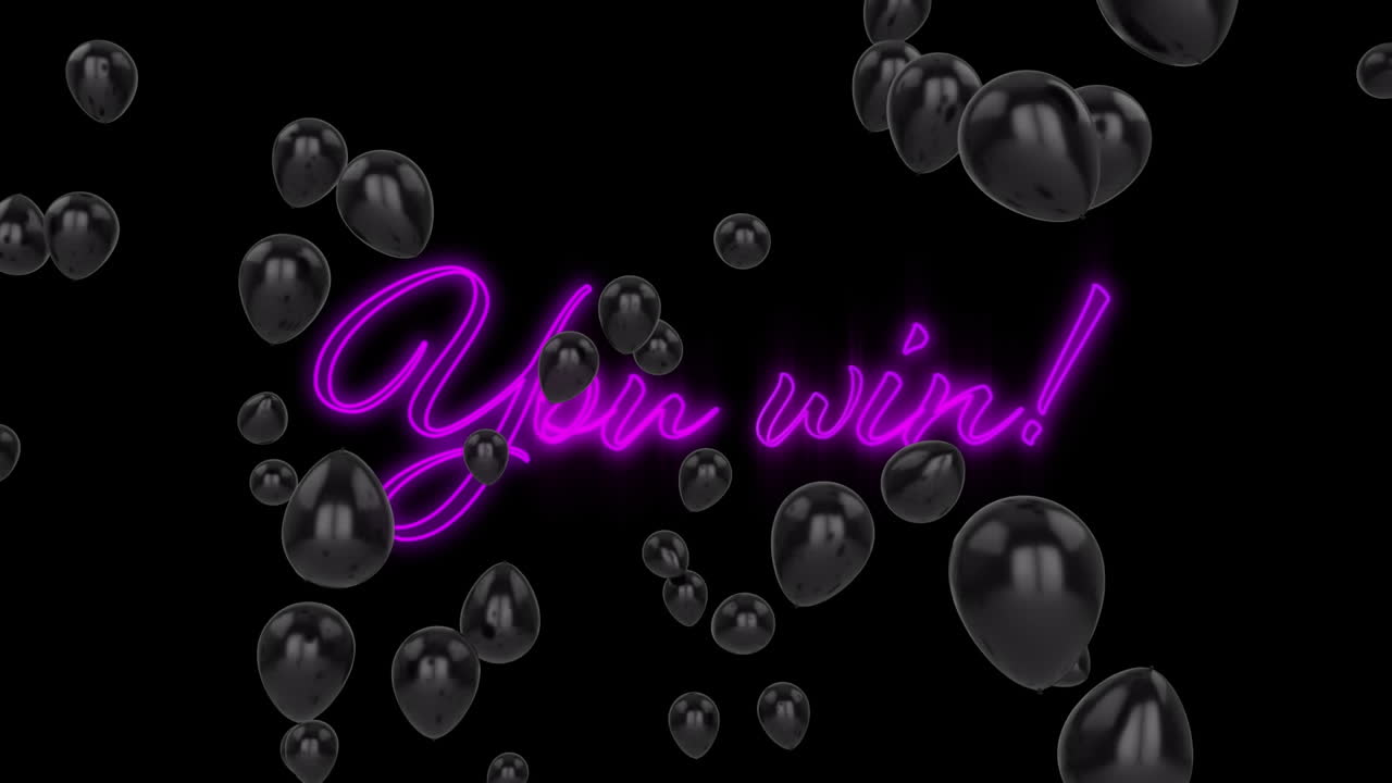 varios globos negros flotando sobre neón púrpura usted gana cartel de texto contra fondo negro