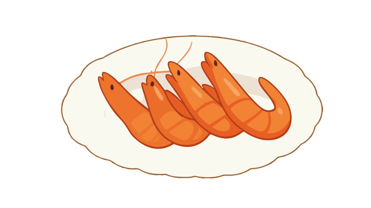 Appetizing cooked shrimp on a white plate moving in a loop, isolated on a white background