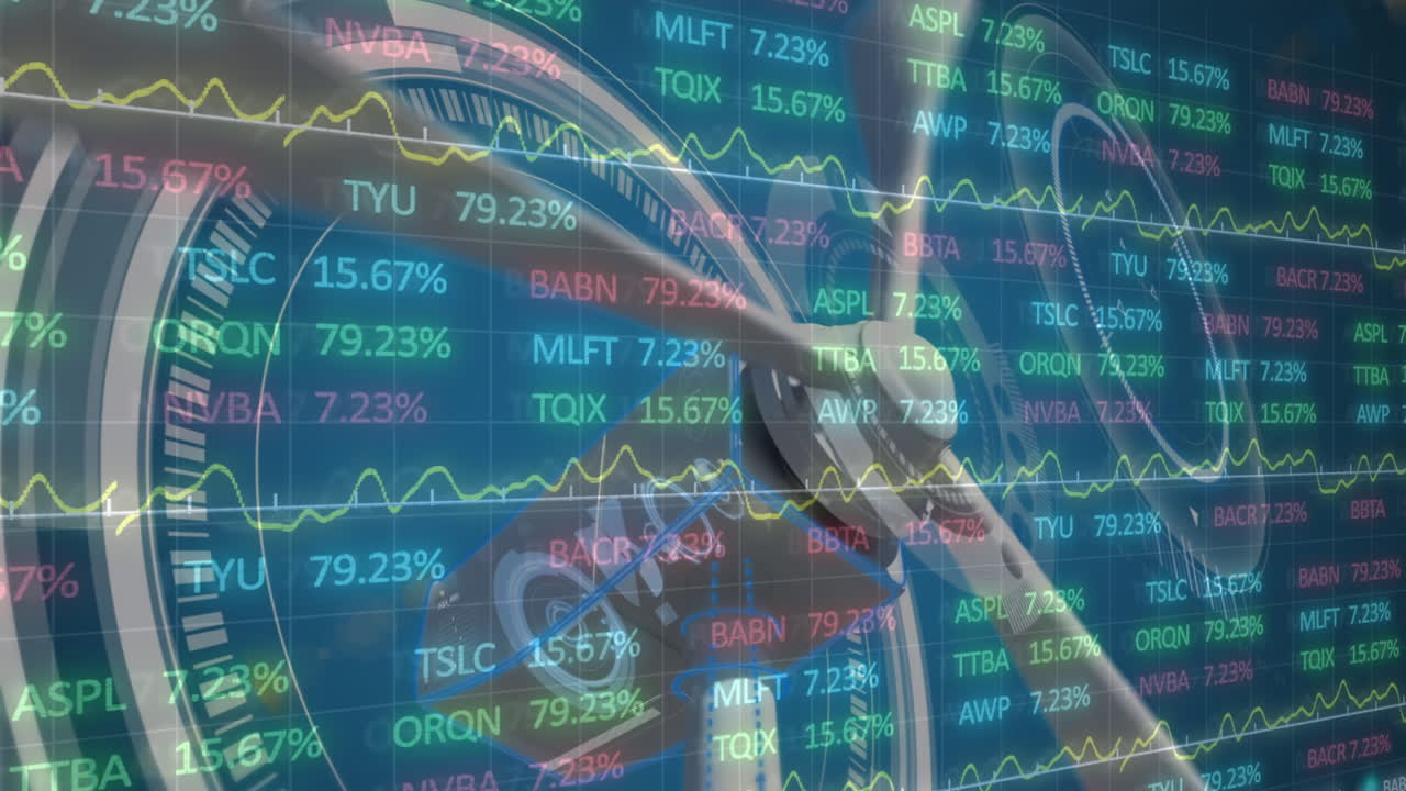 주식시장 디스플레이는 다채로운 티커로 금융 성장을 보여줍니다.