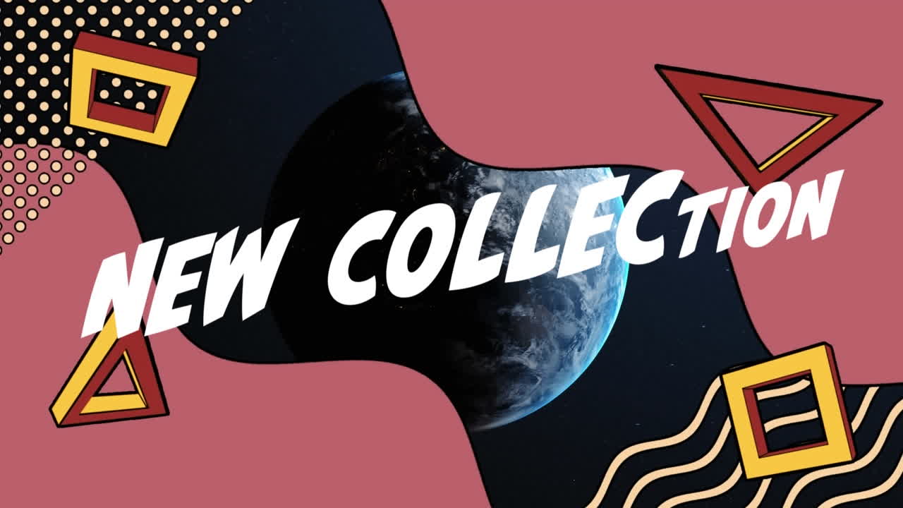 animación de la nueva colección en texto blanco con formas giratorias y líneas onduladas sobre el globo en negro