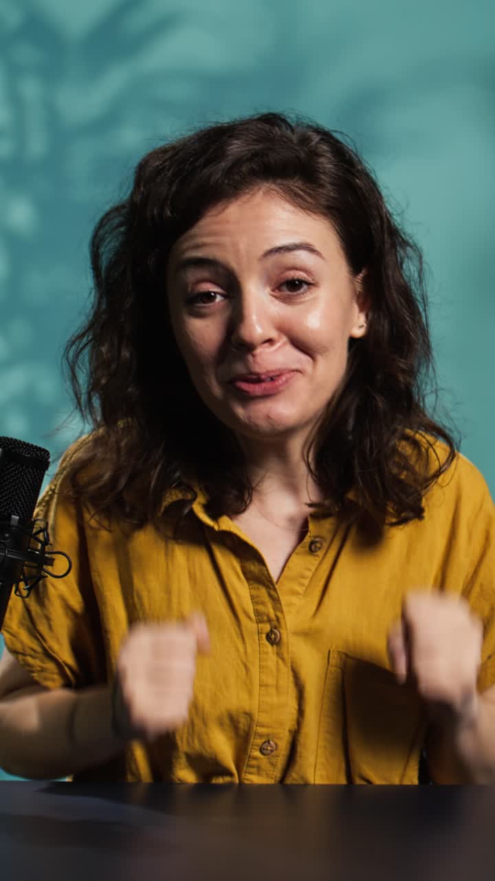 Giovane donna felice che ride e gesticola in studio
