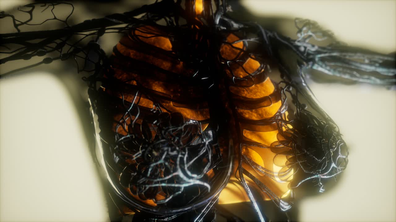 escaneo del cuerpo humano con pulmones y tráquea brillantes