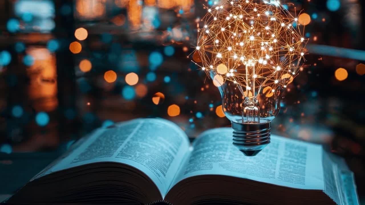 A creative concept with a glowing light bulb over an open book, shot at eye level