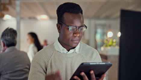 tablet, thinking and business man on computer