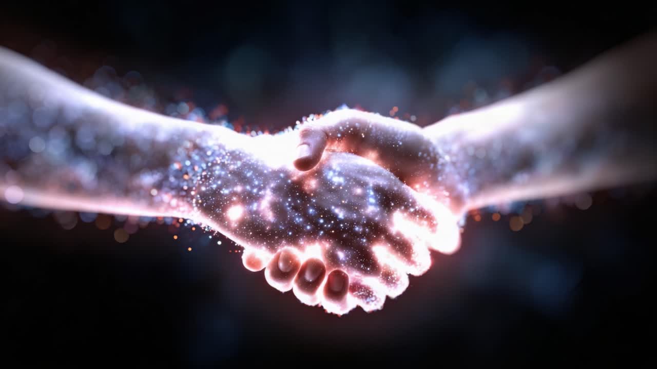A Cosmic Connection: Two Hands Join, Merging Energy and Light in a Sparkling Dance of Unity and Harmony, Showcasing the Essence of Human Interaction and Bonding