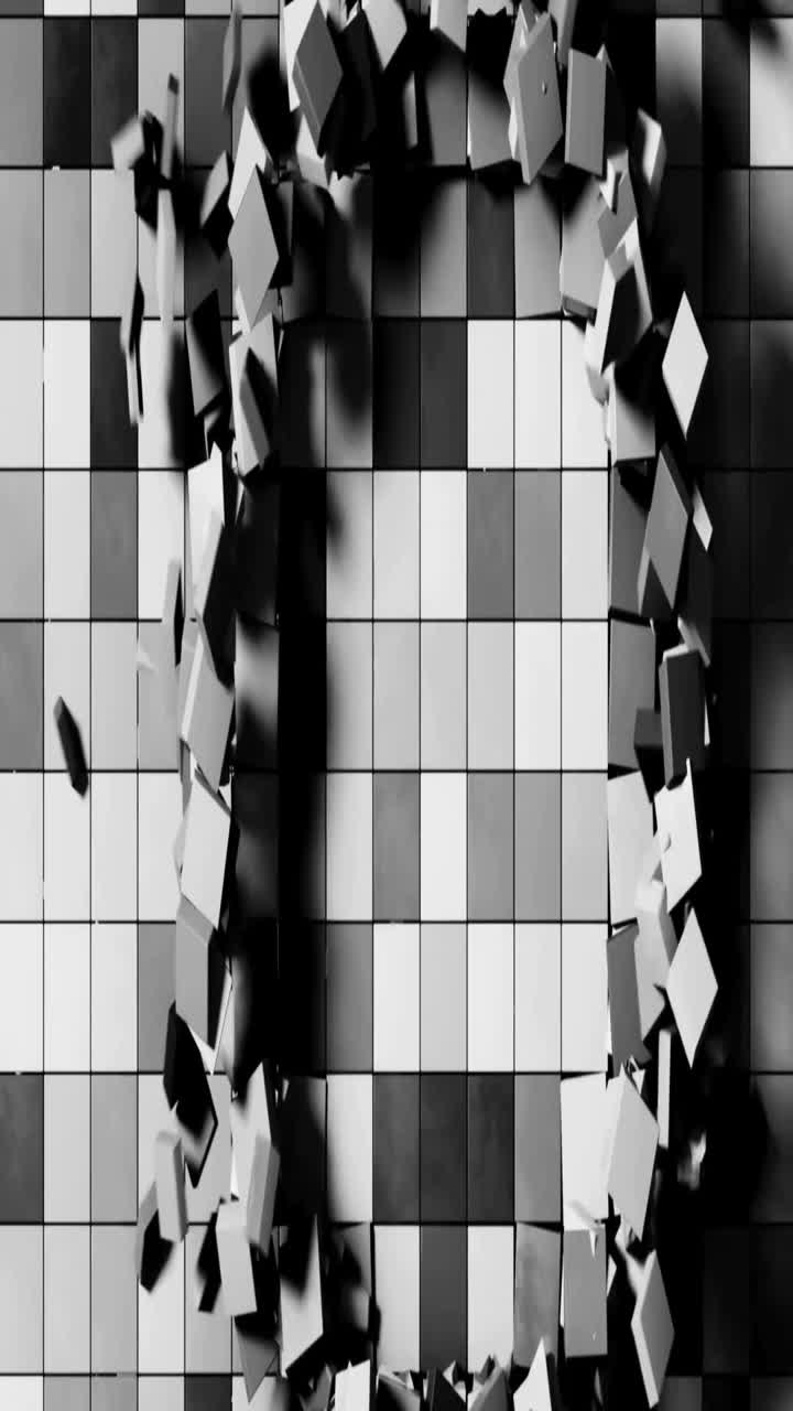 Cubi geometrici che esplodono ed espandono su una griglia in scala di grigi