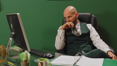 a manager sits in his green office and reads a dossier