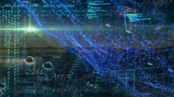 Digital Data Stream Overlaid on Cityscape and Circuit Board