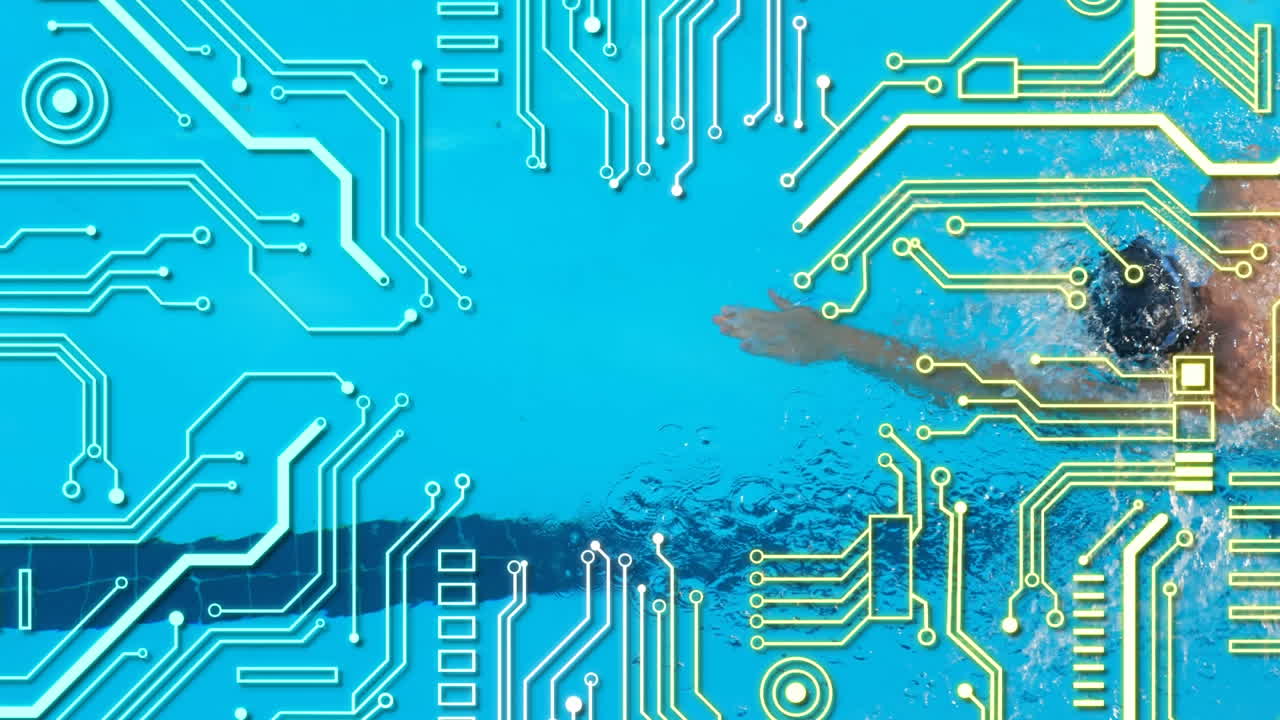 컴퓨터 회로판과 데이터 처리가 수영장에서 수영하는 사람 위에