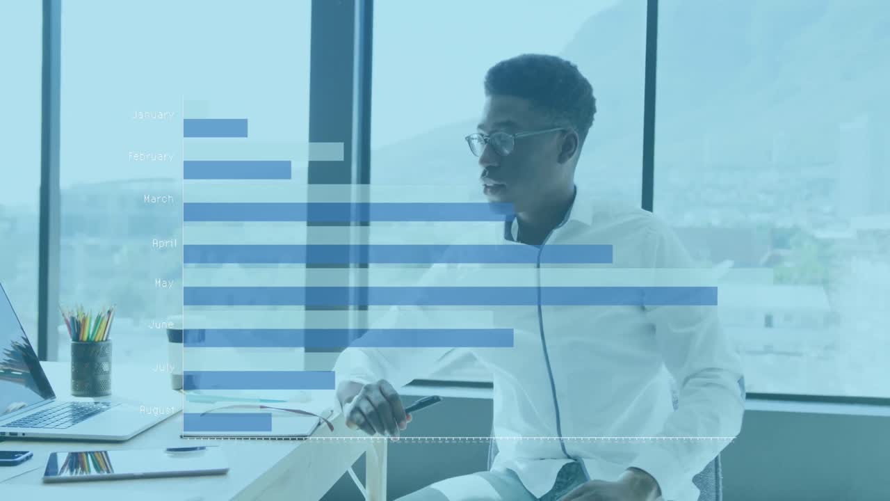 Animation of financial graphs and data over african american man working in office