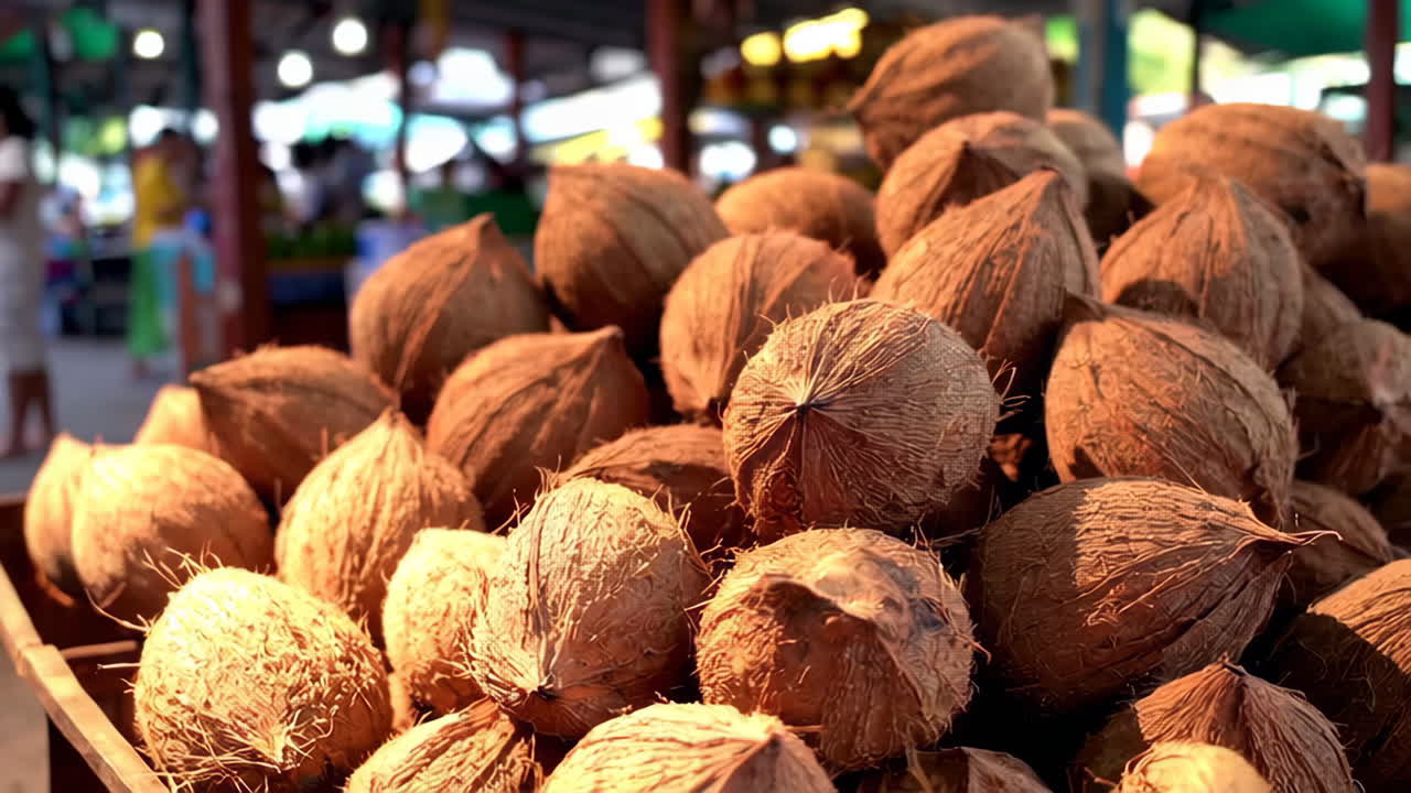 una pila de cocos frescos en un mercado