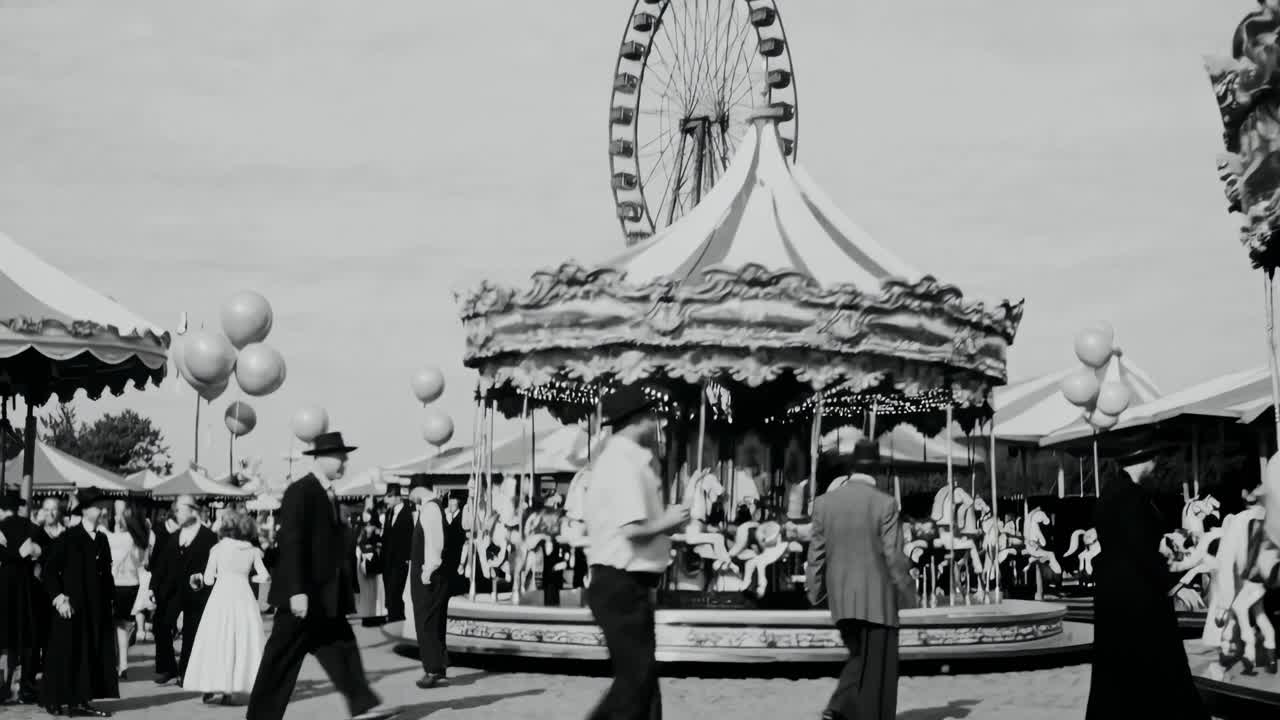 Fotogramma video in stile vintage di una giostra in un parco divertimenti, catturato da una bassa angolazione, con persone