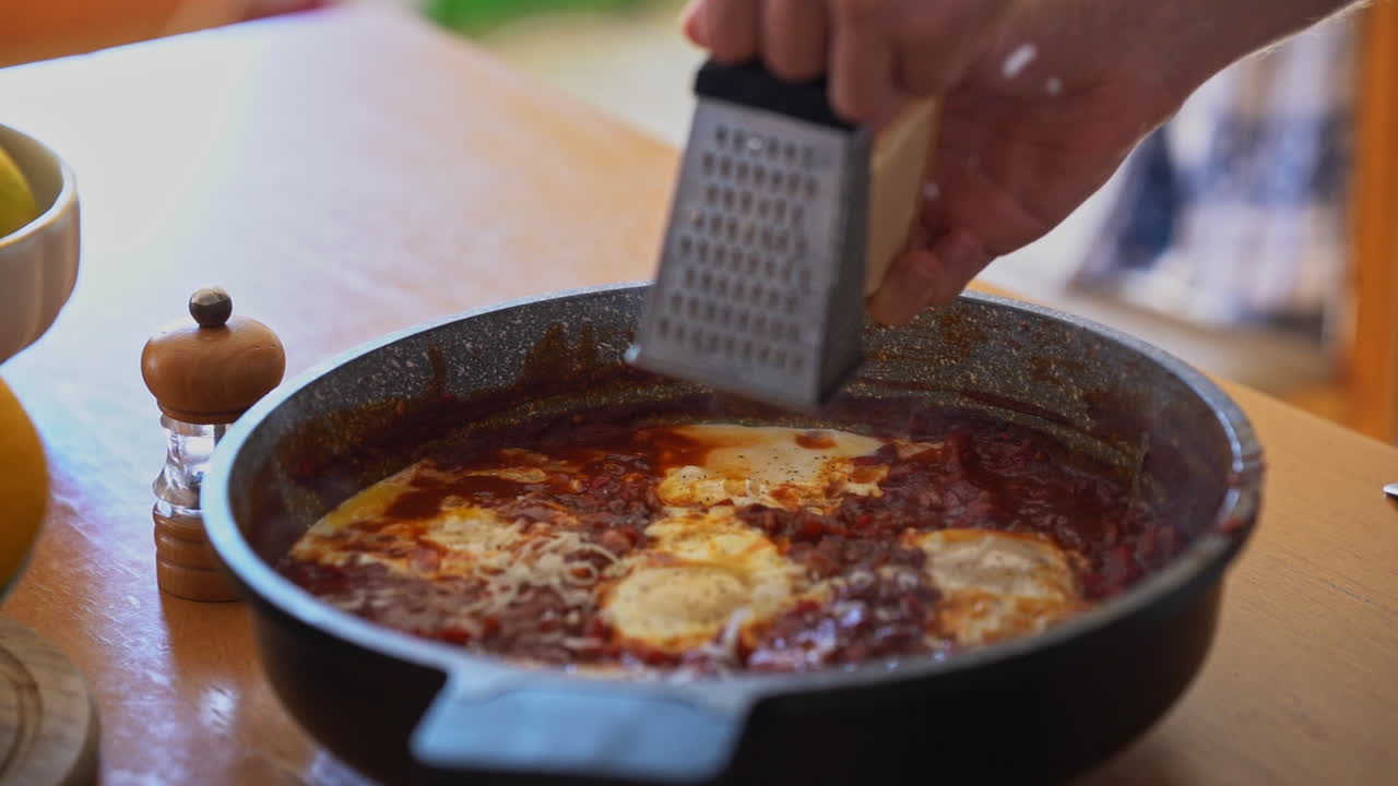 shakshouka casero con queso rallado encima en una olla sobre una mesa de madera